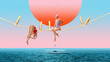© master1305 - Two women in swimsuits balance on rope with oversized clothespins above ocean, set against vibrant sky with large sun. Contemporary art collage. Concept of summer, vacation, surrealism