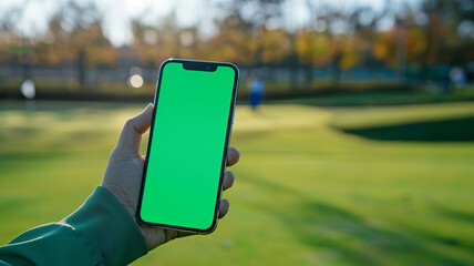 Smartphone mockup with green screen at golf course.