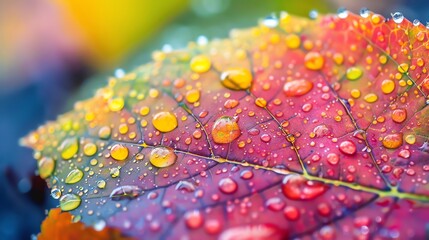 Wall Mural - A close-up of a colorful autumn leaf with water droplets.