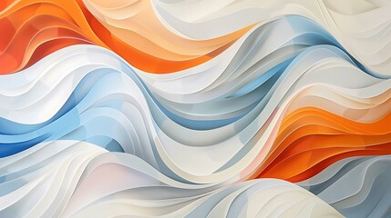Poster - Dynamic composition with flowing wave patterns in shades of orange, white, and blue on an abstract backdrop