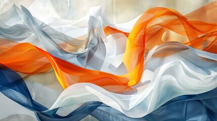 Poster - Dynamic composition with flowing wave patterns in shades of orange, white, and blue on an abstract backdrop