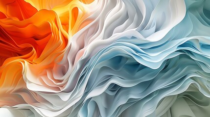 Poster - Dynamic composition with flowing wave patterns in shades of orange, white, and blue on an abstract backdrop