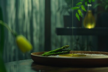 Wall Mural - Fresh Asparagus Drizzled With Olive Oil on Wooden Plate in Kitchen Setting