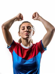 Poster - European woman in a sports jersey cheering white b  297 boy, people, person, face, handsome, guy, smile, one, woman, model, black, expression, men, hand, fashion, casual, smiling, looking, hands, succ