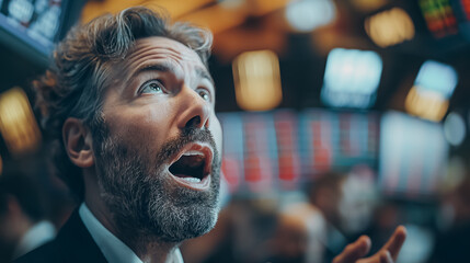 Poster - Dynamic trading floor scene with stock traders gesturing and shouting, reflecting intense market conditions.