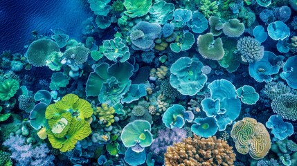 Poster - Capture the vibrant colors and dynamic forms of coral reefs through aerial photography, showcasing the beauty of underwater ecosystems.