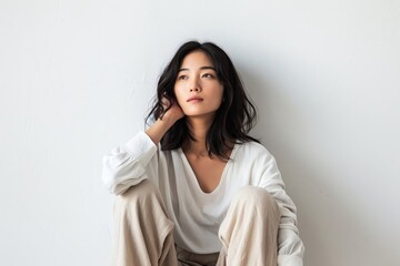 Korean woman sitting on the floor legs stretched o  065 woman, beauty, people, person, smile, brunette, studio, smiling, thinking, one, business, face, hair, fashion, hand, model, standing, expression