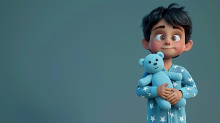 Wall Mural - A 3D cartoon of a boy in pajamas holding a teddy bear.