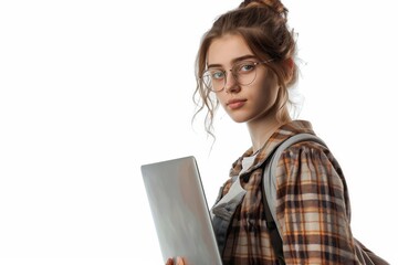 European woman holding a laptop looking techsavvy   348 woman, laptop, computer, business, businesswoman, student, internet, notebook, technology, beauty, working, person, people, smile, work, educati