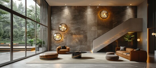 Wall Mural - Modern Living Room with Stone Wall and Floor