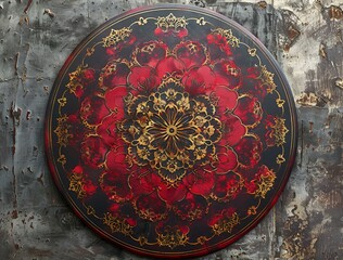 Red and gold design on circular painting, showcasing intricate details and vibrant colors.

