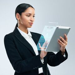 Aufkleber - Business, woman and tablet with hologram for stock market growth, exchange rate or cryptocurrency in studio. Corporate, finance expert or tech on white background for trade or global investment