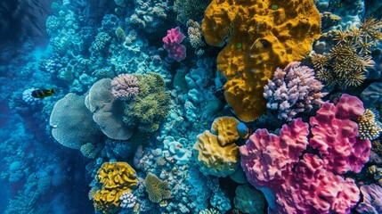 Poster - Capture the vibrant colors and dynamic forms of coral reefs through aerial photography, showcasing the beauty of underwater ecosystems.