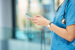 © Oostendorp/peopleimages.com - Nurse, hands and phone for healthcare communication, social media post and networking of homecare service. Hospital, doctor or caregiver woman with mobile contact, medical or telehealth and typing