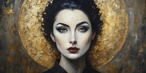 Elegant oil painting portrait of a mysterious woman on canvas, featuring black and white acrylic texture, gold leaf circle, and expressive rough brushstrokes background.