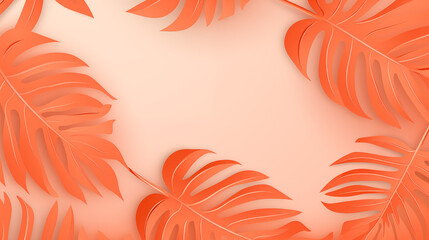 Sticker - Abstract Orange Monstera Leaves on Light Peach Background Colorful Botanical Digital Art