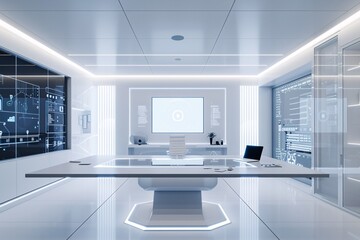Poster - a futuristic office space with holographic interfaces and ai assistants