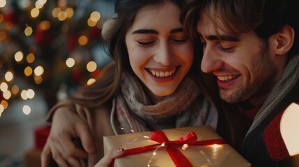 Wall Mural - Two people exchanging a festive gift box against the backdrop of a warmly lit Christmas tree.