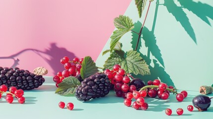 Poster - Fruit still life with blackberries currants and black grapes on mint green table and pink backdrop minimal aesthetic summer vibes