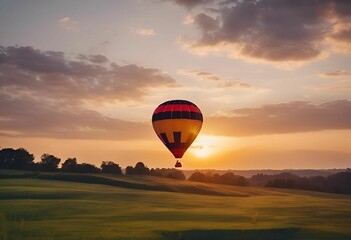 Wall Mural - AI generated illustration of a colorful hot air balloon floating over a scenic landscape at sunset