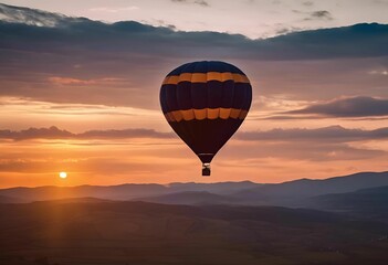 Wall Mural - AI generated illustration of a colorful hot air balloon floating over a scenic landscape at sunset