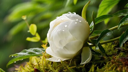 The background image is green natural environmentally friendly natural background a blooming white creamy peony bud with raindrops