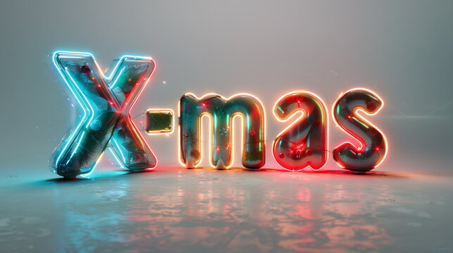 X-mas. Trendy lettering, gradient colorful translucent glass. Clean glass glowing neon 3d text. Celebration concept for social media post, ad, cover, article, calendar. Caustics, industrial design