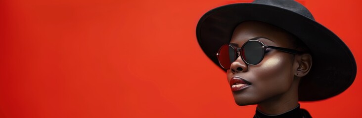 Canvas Print - Woman Wearing Sunglasses and a Hat in Front of a Red Wall