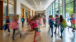 © OleksandrZastrozhnov - Blurred in motion schoolchildren walking along the corridor. School themed advertising banner template.