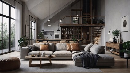 Wall Mural - D rendering of contemporary Scandinavian loft apartment design