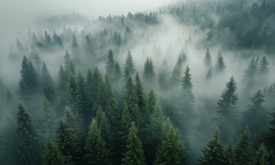 Wall Mural - Aerial View of a Foggy Evergreen Forest in the Morning