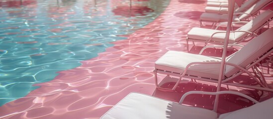 Canvas Print - Pink Poolside Relaxation With Umbrellas and Loungers Under a Sunny Sky