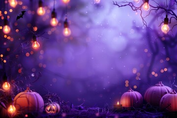 Halloween background with pumpkins and glowing lights, purple color theme