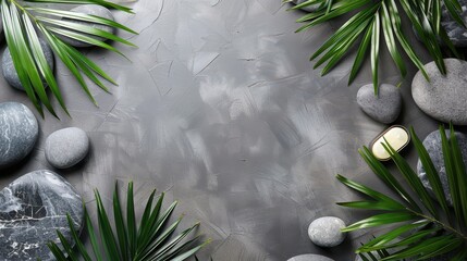 Wall Mural - A grey background with a bunch of rocks and green leaves. The leaves are arranged in a way that they form a circle around the rocks