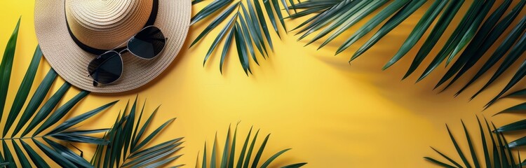 Wall Mural - Straw Hat and Sunglasses on Yellow Background With Palm Leaves