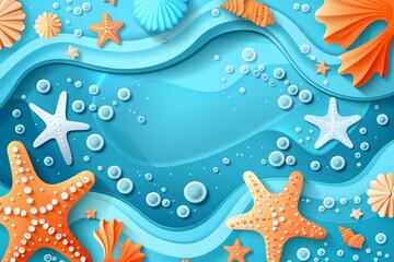 Canvas Print - Vibrant underwater scene with starfish seashells and bubbles creating a fun and lively marine atmosphere