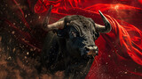 angry black bull and red cloth, dynamic shot of a bullfight