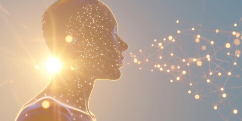Leinwandbilder - Abstract digital representation of a human exhaling particles, showcasing futuristic concepts of data flow and virtual interaction