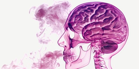 Wall Mural - Abstract pink x-ray illustration of a human skull and brain with smoke, blending medical science and artistic conceptual design in a surreal and imaginative manner