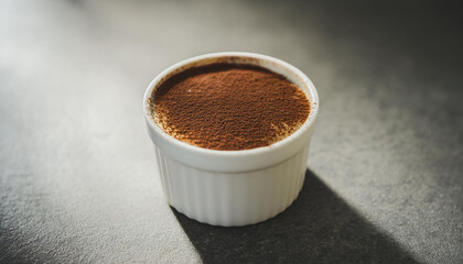 Wall Mural - Creamy tiramisu in white cup on stone table. Sweet food. Delicious dessert.