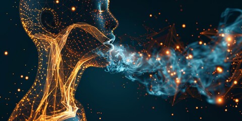 Aufkleber - Abstract digital representation of a human exhaling particles, showcasing futuristic concepts of data flow and virtual interaction