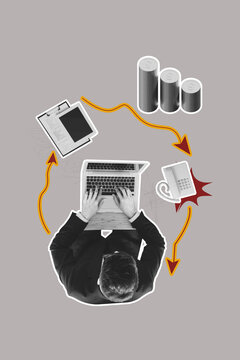 Creative 3d photo artwork graphics collage painting of busy guy having earning money working cycle isolated grey color background