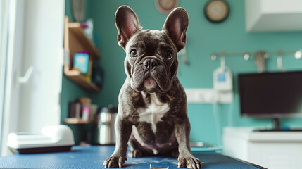 Cute French bulldog at the vet. Sitting on an examination table in a veterinary clinic