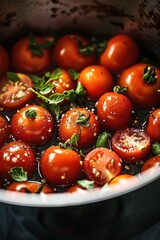 Sticker - A pot of tomatoes with basil leaves and salt. The tomatoes are in various stages of ripeness, with some being more ripe than others. The dish looks fresh and appetizing