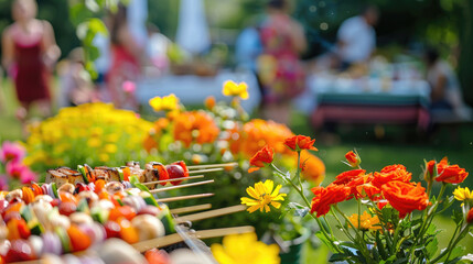 Wall Mural - A vibrant garden party with colorful flowers, people dancing and enjoying the atmosphere, barbeque grills filled with various grilled dishes like chicken shashua, fish on sticks, and vegetable sides