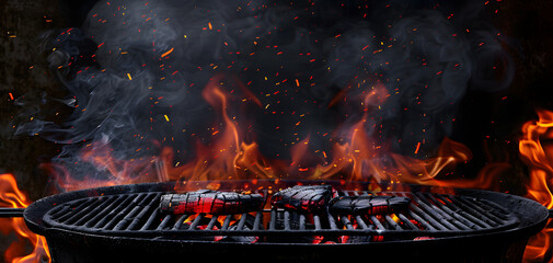 Wall Mural - Hot empty portable barbecue BBQ grill with flaming fire and ember charcoal on black background