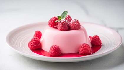 Wall Mural - Panna cotta with fresh raspberries on pink plate on white stone table. Sweet food. Delicious dessert