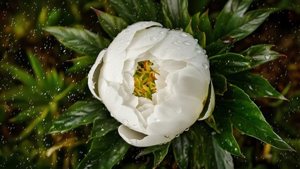 The background image is green natural environmentally friendly natural background a blooming white creamy peony bud with raindrops