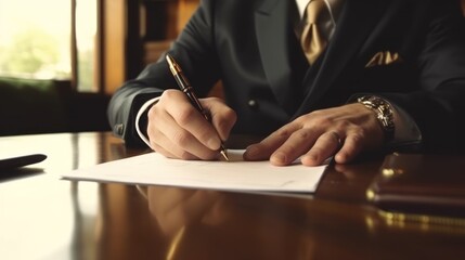 A man in a suit signing a document