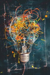 Poster - Creative abstract depiction of a light bulb with colorful lines, symbolizing innovative ideas and bright inspiration in a vibrant and artistic design